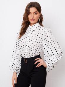 SHEIN Blus Tombol Depan Polka Dot Anggun - Putih - View 5