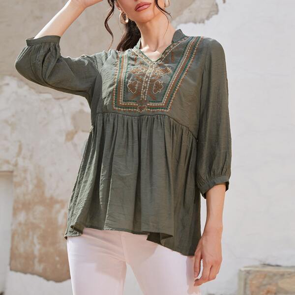 

Embroidered Detail Smock Top, Army green
