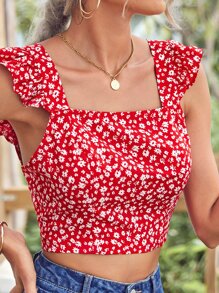 SHEIN Frenchy Ditsy Floral Knotted Backless Top Christmas Summer Vacation Flower - Red and White - View 5