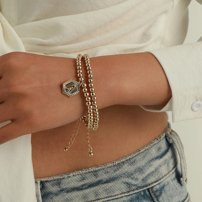 

2pcs Metal Beaded Bracelet, Gold