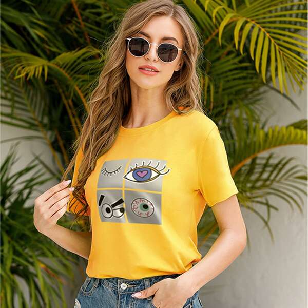 

Cartoon Graphic Crew Neck Tee, Yellow
