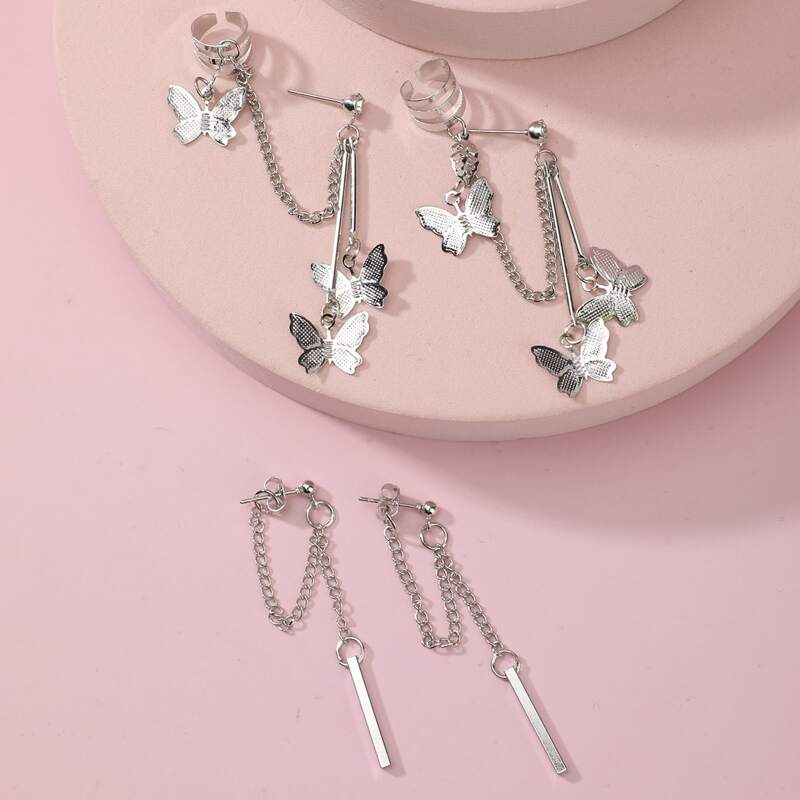 

2pairs Butterfly Charm Earrings, Silver