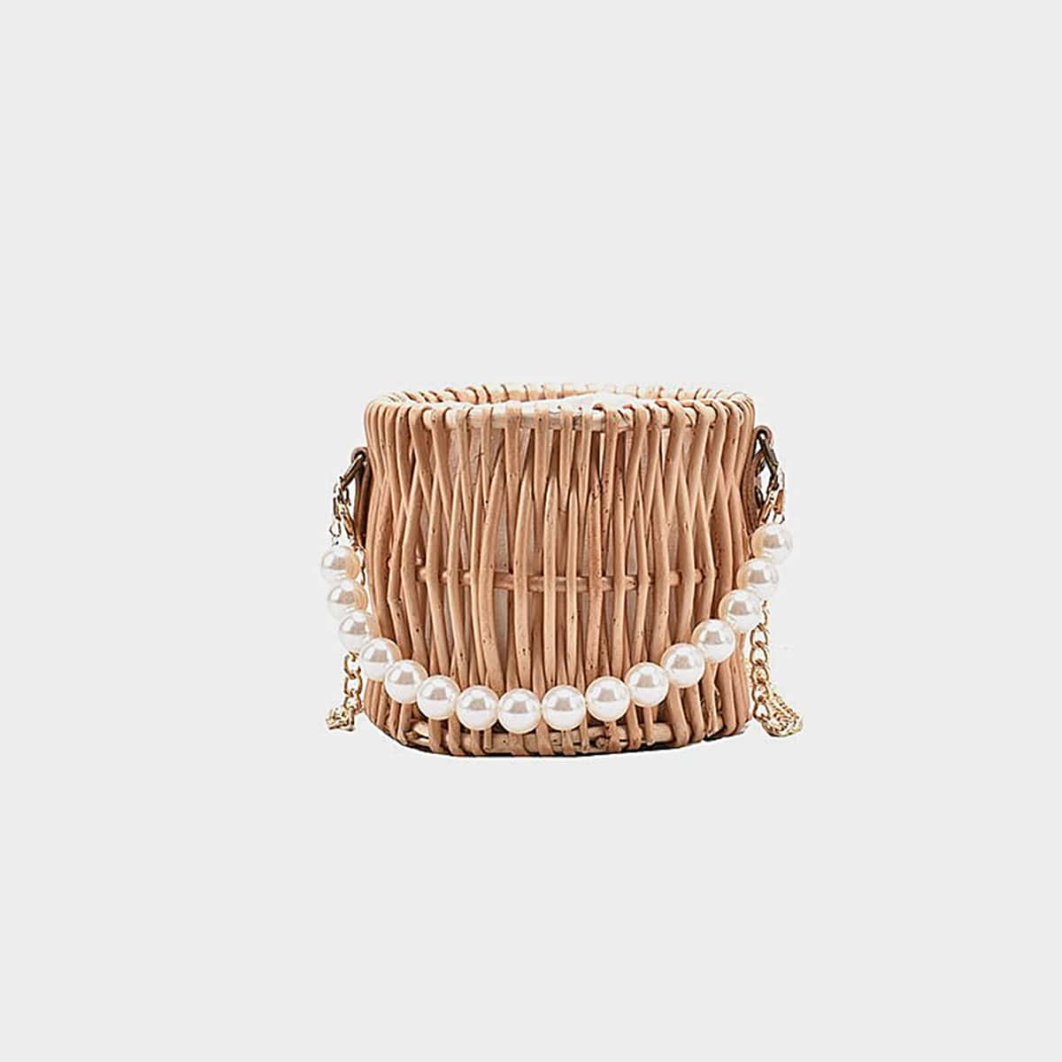 

Faux Pearl Handle Straw Bucket Bag, Khaki