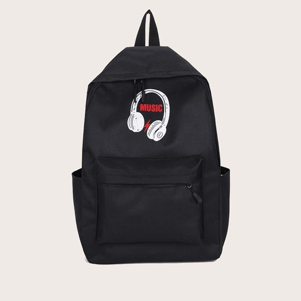 

Cartoon Graphic Pocket Front Backpack, Black