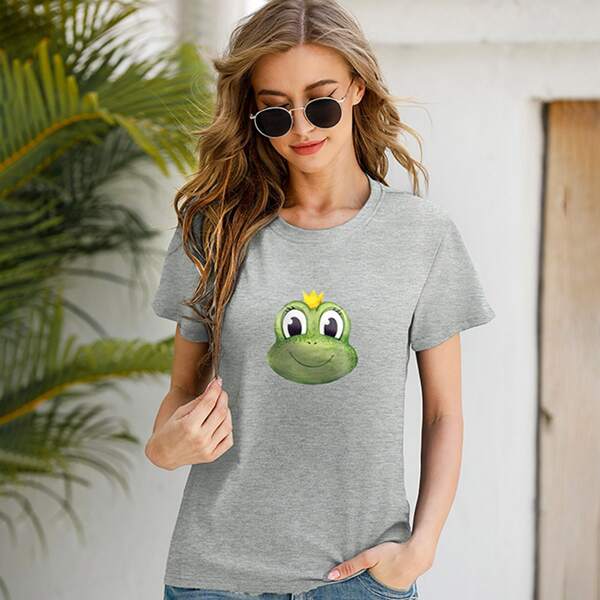 

Frog Print Crew Neck Tee, Grey