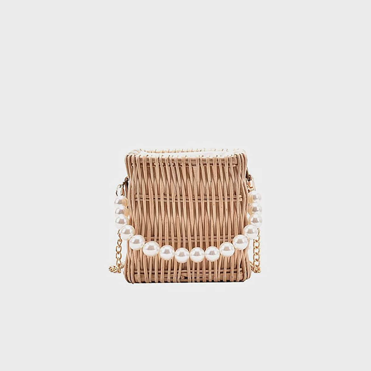 

Faux Pearl Handle Straw Bucket Bag, Khaki