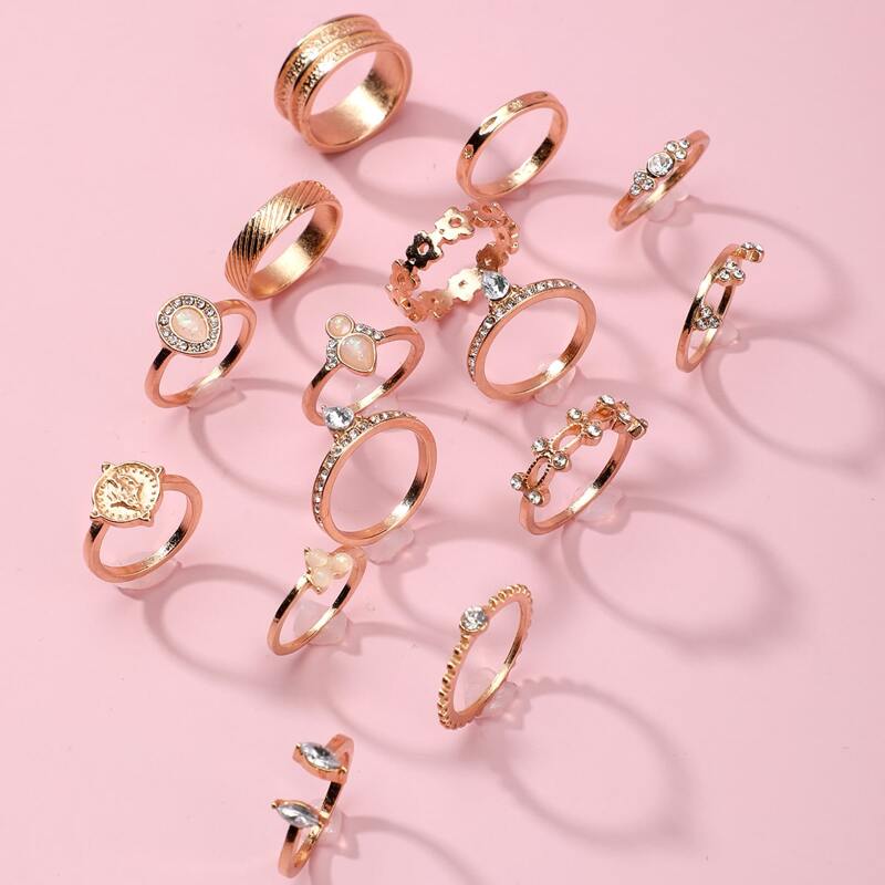 

15pcs Rhinestone Decor Ring, Gold