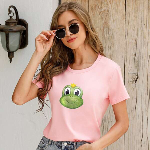 

Frog Print Crew Neck Tee, Baby pink