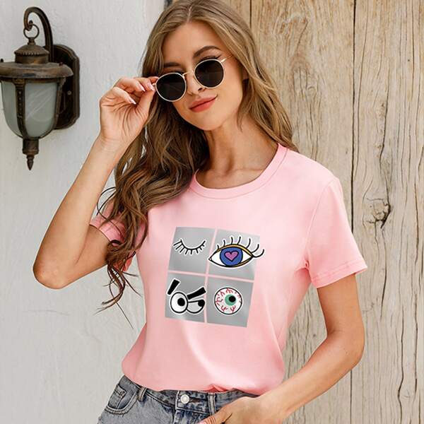 

Cartoon Graphic Crew Neck Tee, Baby pink