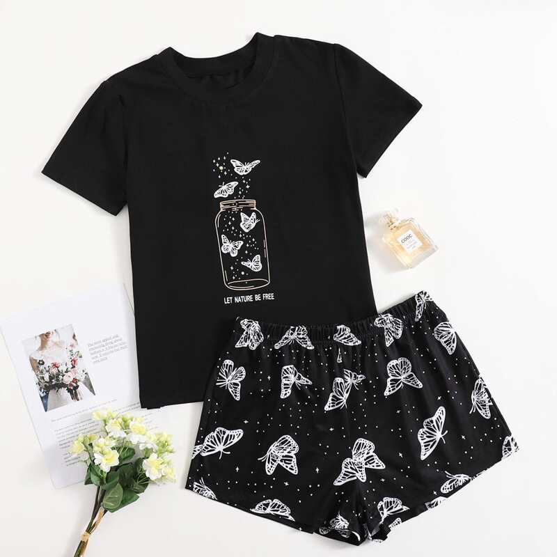 

Slogan And Butterfly Print Tee & Shorts PJ Set, Black