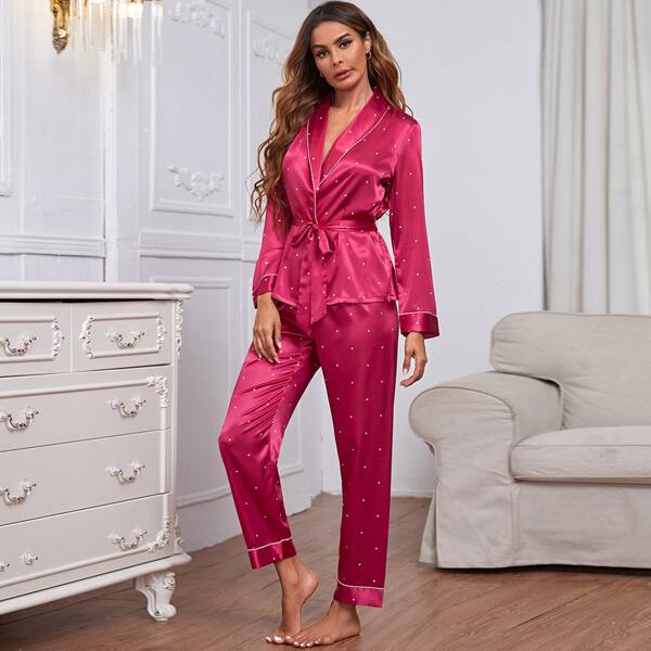

Satin Polka Dot Contrast Binding Belted Night Set, Rose red