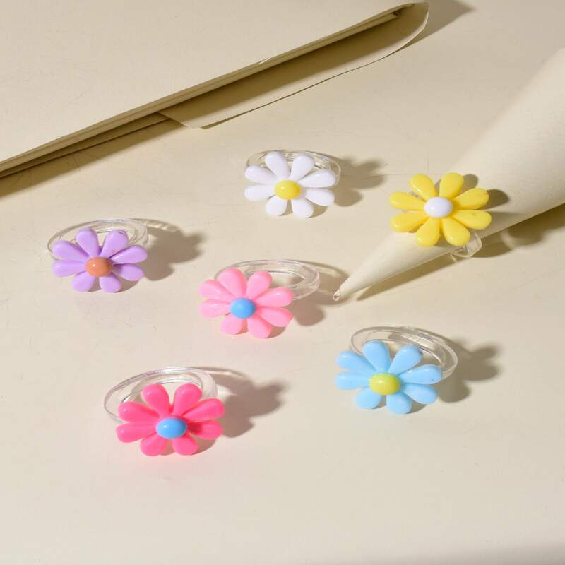 

6pcs Flower Clear Ring, Multicolor