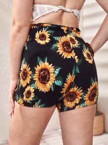 SHEIN VCAY Plus Sunflower Print Shirred Shorts - Multicolor - View 2