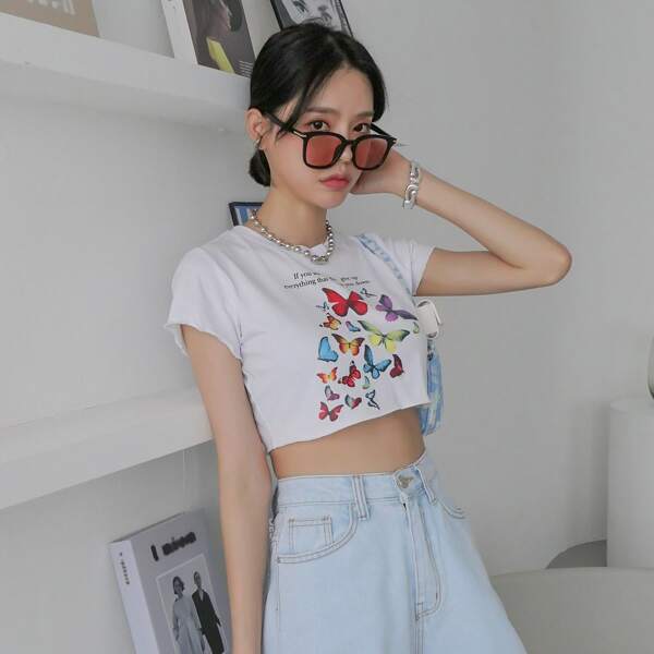 

Butterfly & Slogan Graphic Crop Tee, White
