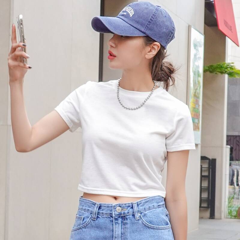 

Solid Crew Neck Crop Tee, White