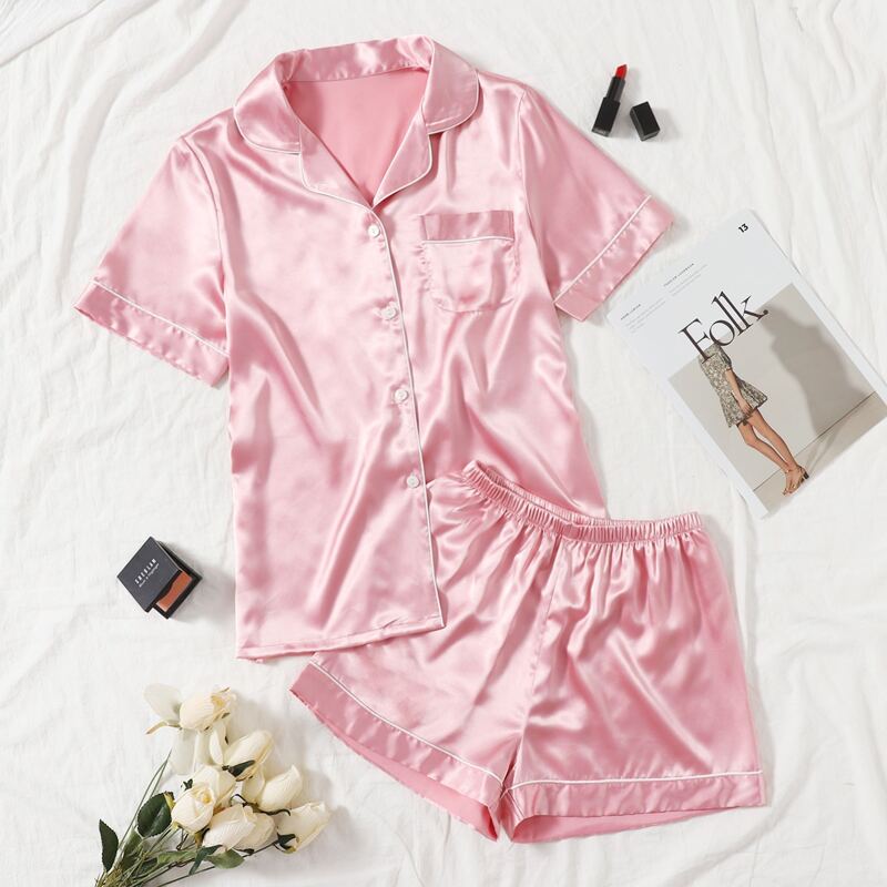 

Satin Contrast Binding Lapel Neck Blouse & Shorts Night Set, Pink