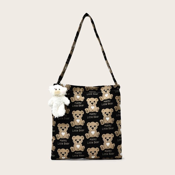 

Cartoon & Letter Graphic Shoulder Bag, Black