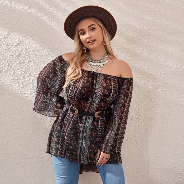 

Plus Ditsy Floral Print Bardot Top Without Belt, Multicolor