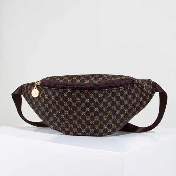 

Graphic Print Zipper Front Fanny Pack, Coffee brown