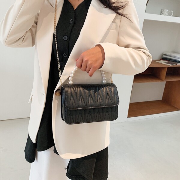 

Faux Pearl Handle Quilted Chain Satchel Bag, Black