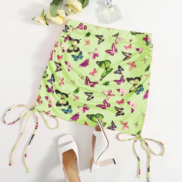 

Plus Allover Butterfly Knot Side Mini Skirt, Lime green
