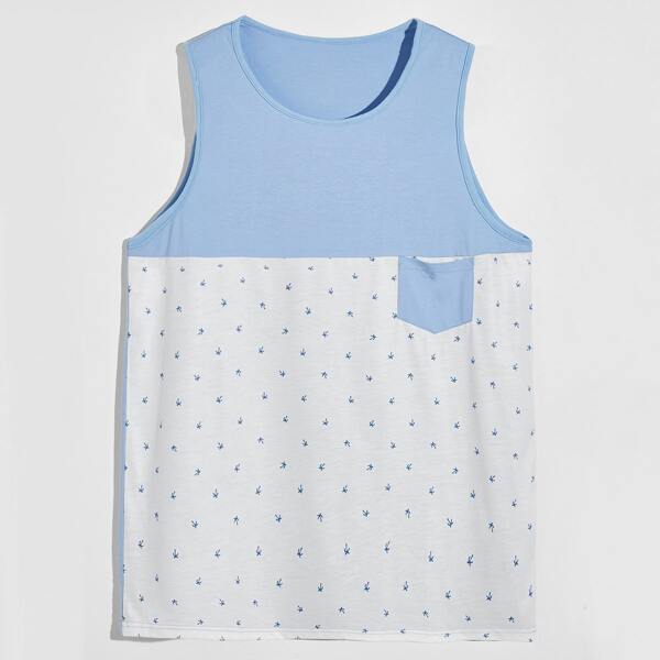 

Men Graphic Print Pocket Patched Colorblock Tank Top, Blue and white