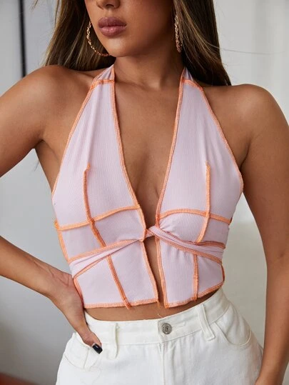 SHEIN EZwear Tie Back Stitch Trim Halter Top