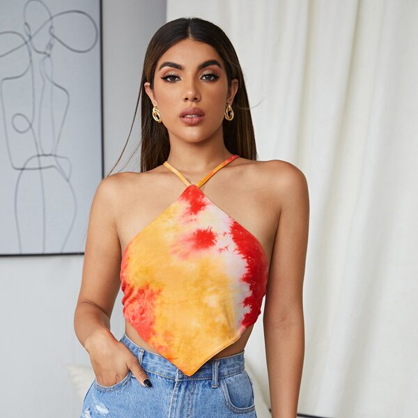 

Tie Dye Lace Up Backless Halter Top, Multicolor