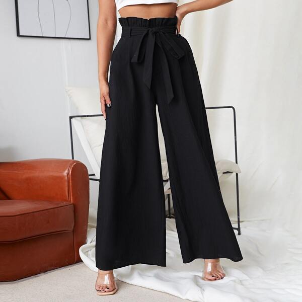 

Paperbag Waist Belted Wide Leg Pants, Black