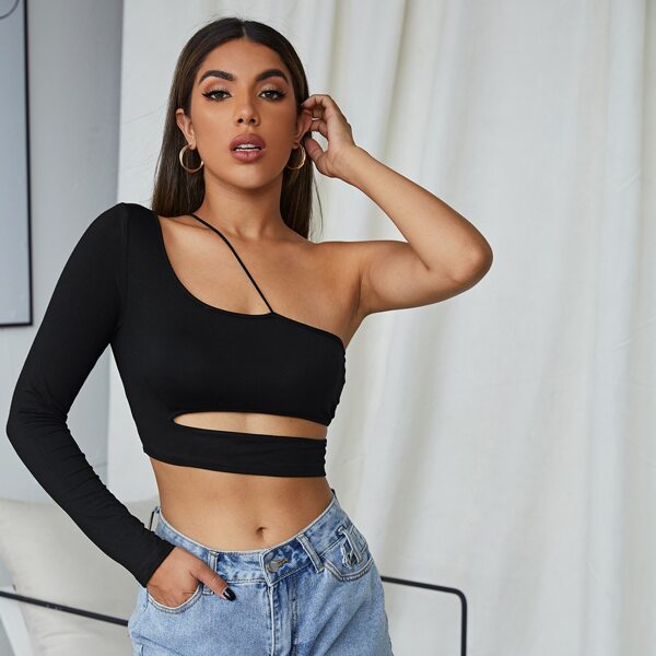 

One Shoulder Cut Out Crop Top, Black