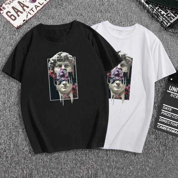 

Men 2pcs Graphic Print Tee, Black and white