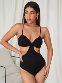 SHEIN BAE Knot Front Cutout Detail Cami Bodysuit - Black - View 1
