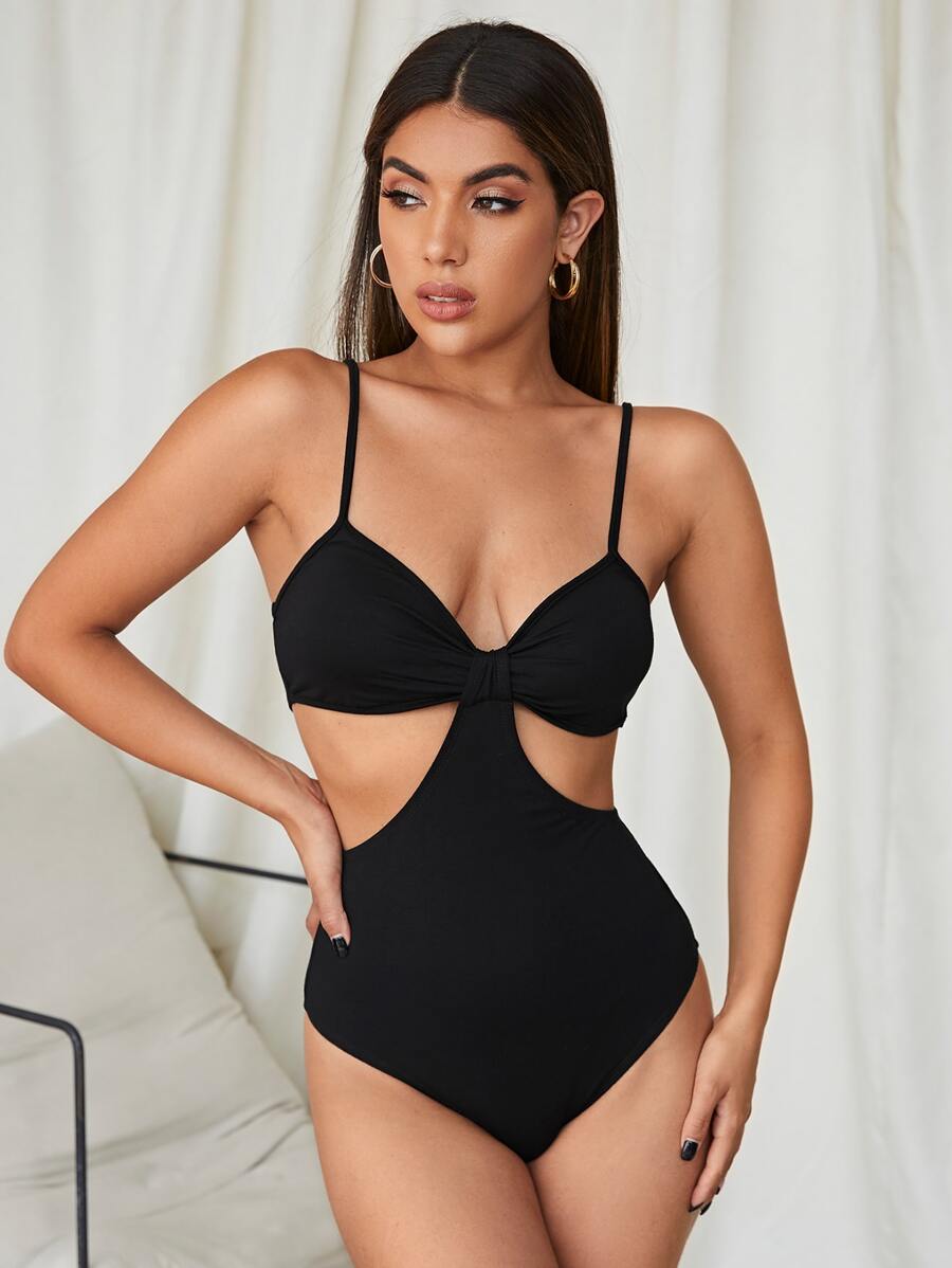 SHEIN BAE Knot Front Cutout Detail Cami Bodysuit - Black - View 1