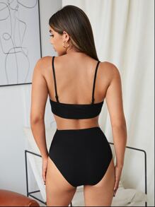 SHEIN BAE Knot Front Cutout Detail Cami Bodysuit - Black - View 2