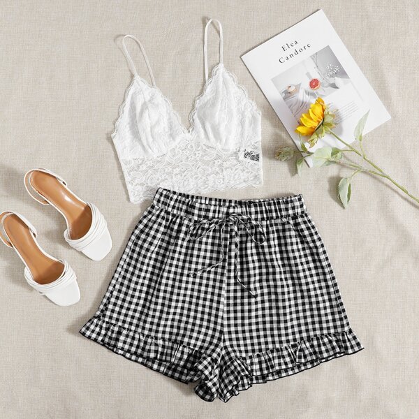 

Lace Cami Top & Tie Waist Gingham Shorts Set, Black and white