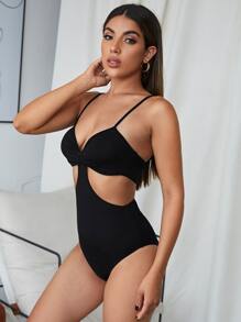 SHEIN BAE Knot Front Cutout Detail Cami Bodysuit - Black - View 4