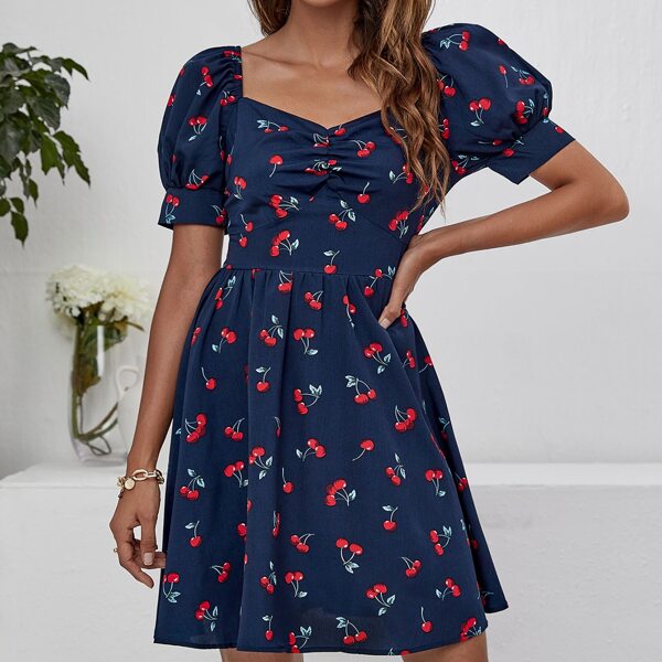 

Allover Cherry Sweetheart Neck Dress, Navy blue