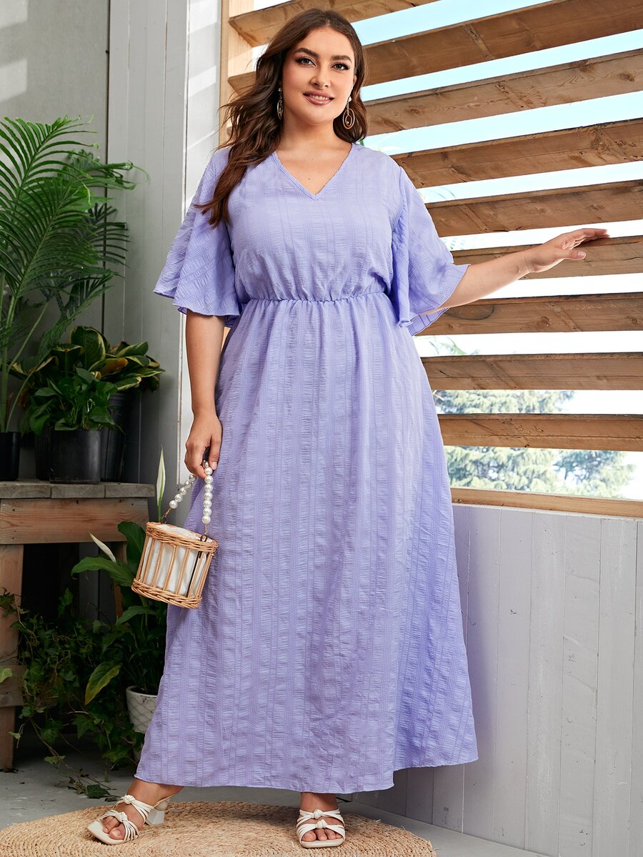 SHEIN Plus V-neck Bell Sleeve Textured Dress - Violet Purple - View 1