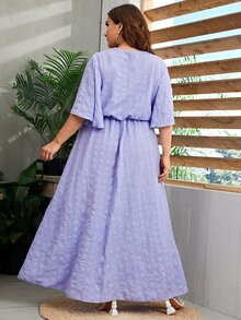 SHEIN Plus V-neck Bell Sleeve Textured Dress - Violet Purple - View 2