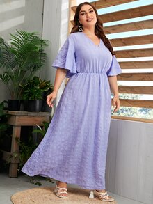 SHEIN Plus V-neck Bell Sleeve Textured Dress - Violet Purple - View 3