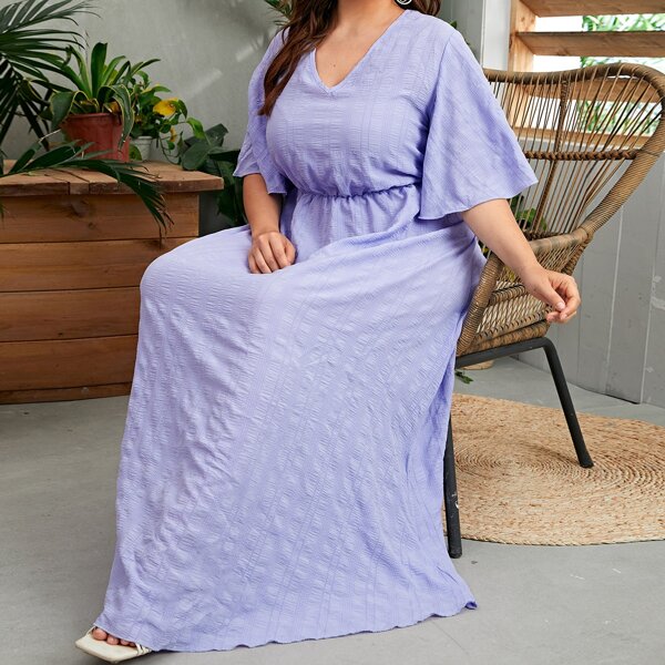 

Plus V-neck Bell Sleeve Textured Dress, Violet purple