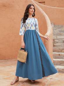 SHEIN Vestidos Árabes Botón delantero Plantas Bohemio - Multicolor - Ver 3