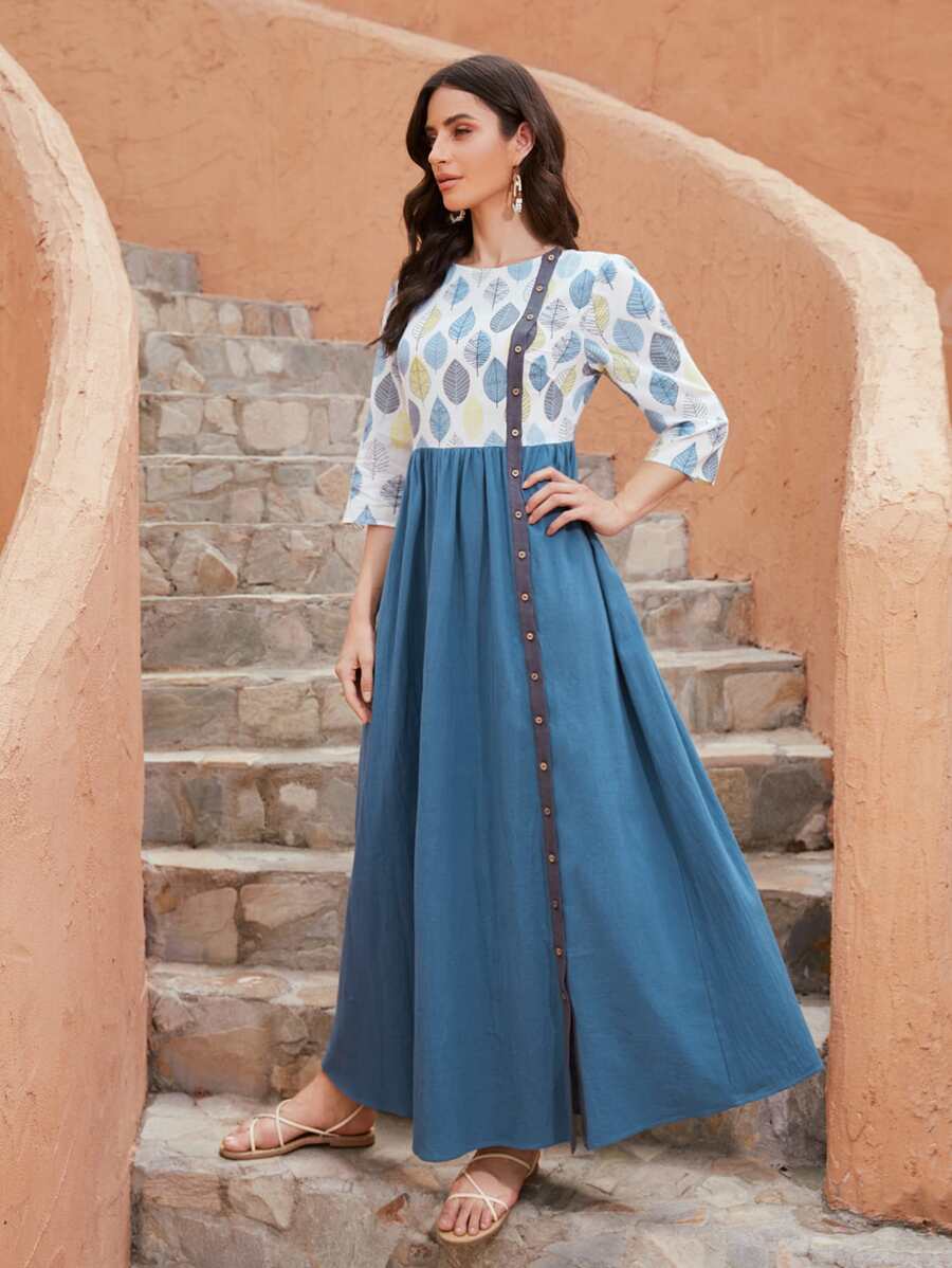 SHEIN Vestidos Árabes Botón delantero Plantas Bohemio - Multicolor - Ver 1