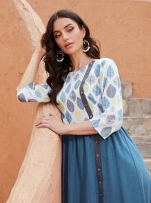 SHEIN Vestidos Árabes Botón delantero Plantas Bohemio - Multicolor - Ver 5