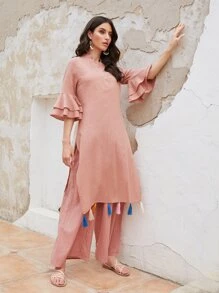 SHEIN Layered Bell Sleeve Tassel Detail Tunic Top and Trousers Set - Dusty Pink - View 1