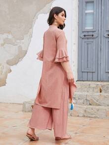 SHEIN Layered Bell Sleeve Tassel Detail Tunic Top and Trousers Set - Dusty Pink - View 2