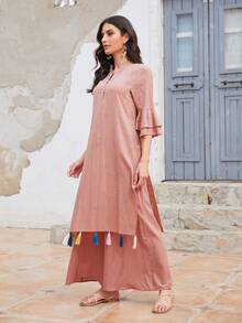 SHEIN Layered Bell Sleeve Tassel Detail Tunic Top and Trousers Set - Dusty Pink - View 3