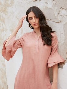 SHEIN Layered Bell Sleeve Tassel Detail Tunic Top and Trousers Set - Dusty Pink - View 4