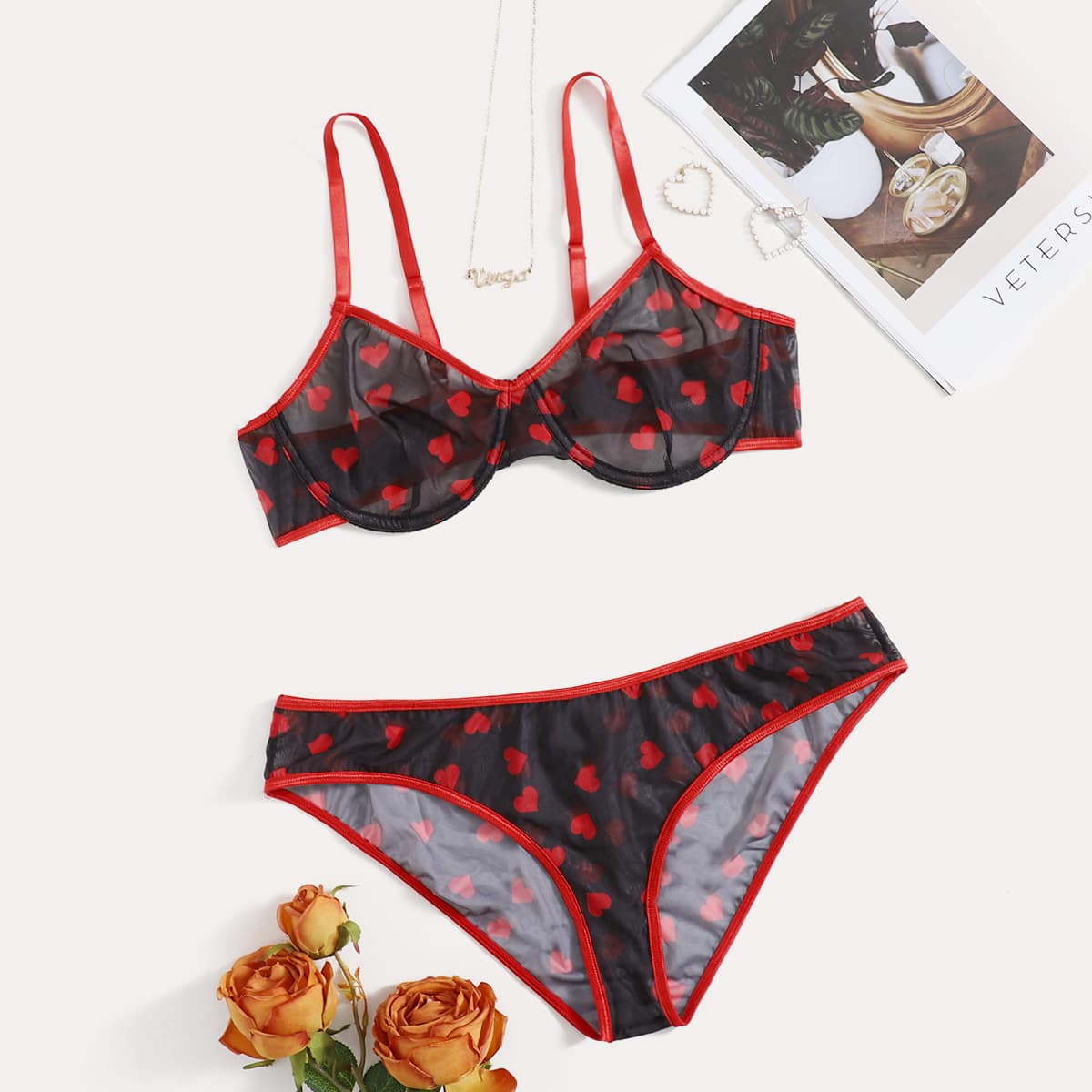 

Plus Heart Print Mesh Underwire Lingerie Set, Multicolor