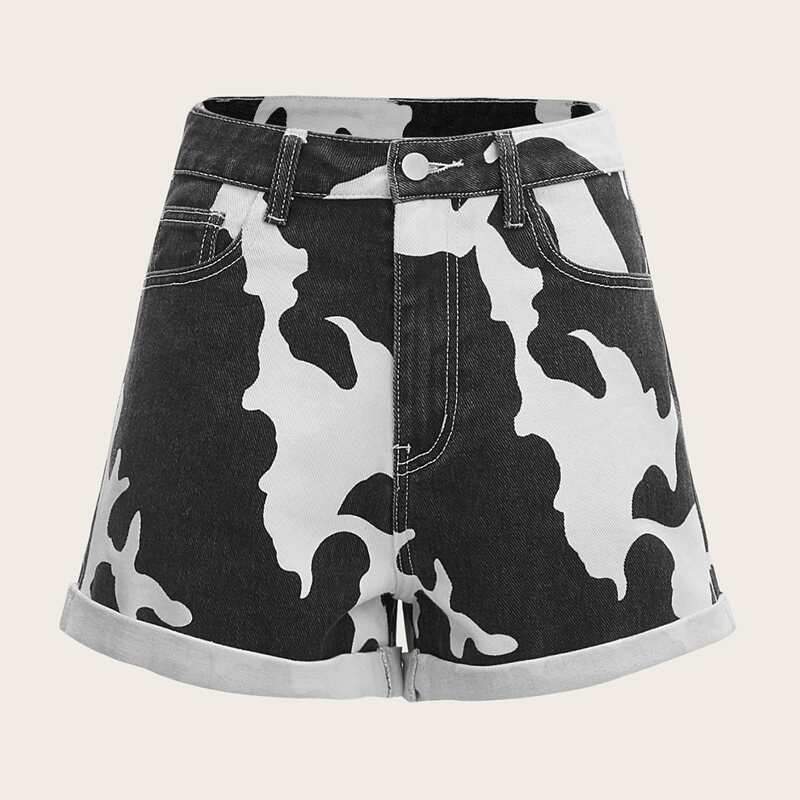 

Rolled Hem Cow Print Denim Shorts, Black and white